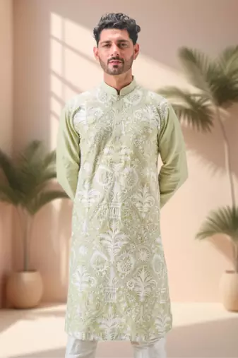Green art silk embroidery thread work kurta pajama set