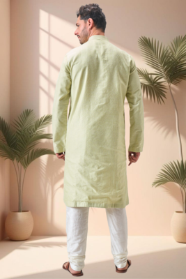 Green art silk embroidery thread work kurta pajama set 3