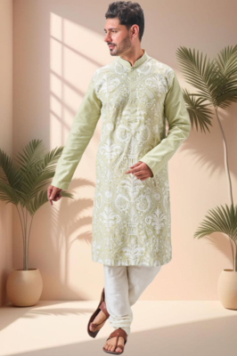 Green art silk embroidery thread work kurta pajama set 4