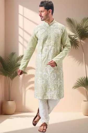 Green art silk embroidery thread work kurta pajama set