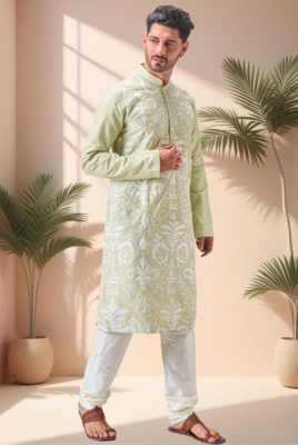 Green art silk embroidery thread work kurta pajama set 5
