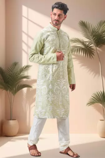 Green art silk embroidery thread work kurta pajama set