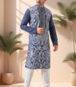 Blue art silk embroidery thread work kurta pajama set