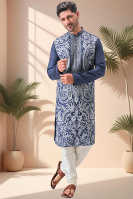 Blue art silk embroidery thread work kurta pajama set 2