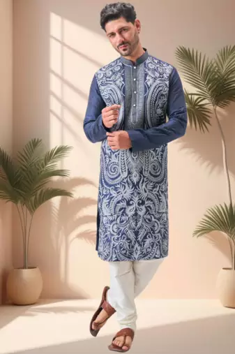 Blue art silk embroidery thread work kurta pajama set