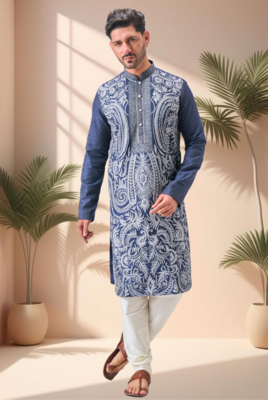 Blue art silk embroidery thread work kurta pajama set 3
