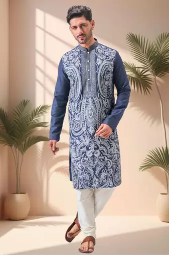 Blue art silk embroidery thread work kurta pajama set
