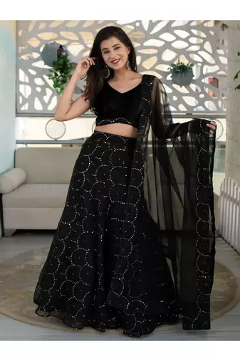 Fabulous Black Embroidered Orgenza Net Festive Wear Lehenga Choli Set  
