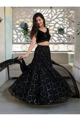 Fabulous Black Embroidered Orgenza Net Festive Wear Lehenga Choli Set   4