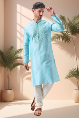 Sky blue art silk embroidery mirror work kurta pajama set 1