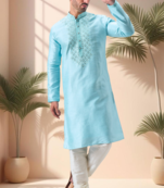 Sky blue art silk embroidery mirror work kurta pajama set
