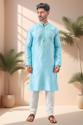 Sky blue art silk embroidery mirror work kurta pajama set 2