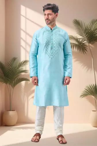 Sky blue art silk embroidery mirror work kurta pajama set