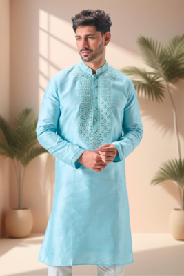 Sky blue art silk embroidery mirror work kurta pajama set 3