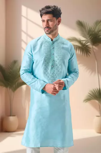 Sky blue art silk embroidery mirror work kurta pajama set