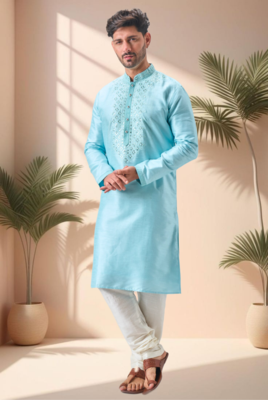 Sky blue art silk embroidery mirror work kurta pajama set 4