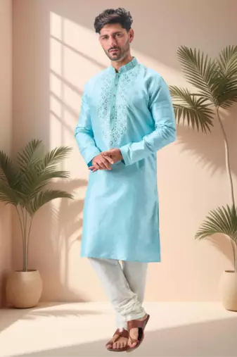 Sky blue art silk embroidery mirror work kurta pajama set