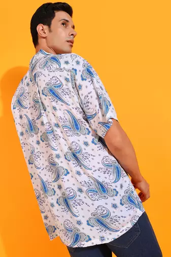 Men's polyester floral buti printed regular shirt (white)