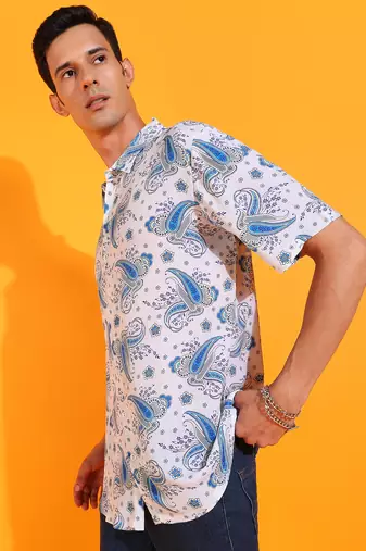Men's polyester floral buti printed regular shirt (white)