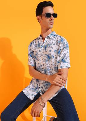 Men's polyester floral buti printed regular shirt (white) 4