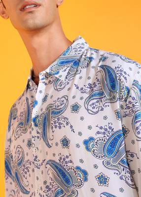 Men's polyester floral buti printed regular shirt (white) 5