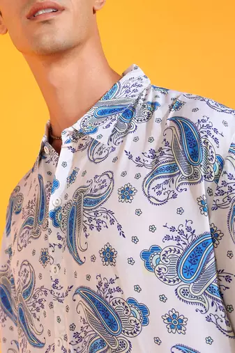 Men's polyester floral buti printed regular shirt (white)