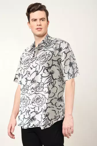 Men's polyester floral printed regular shirt (black)