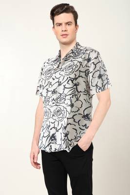 Men's polyester floral printed regular shirt (black) 4
