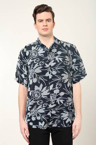 Men's polyester floral printed regular shirt (black)