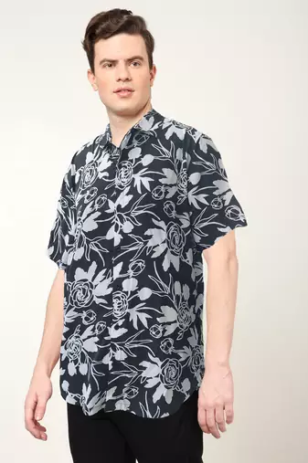 Men's polyester floral printed regular shirt (black)
