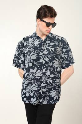 Men's polyester floral printed regular shirt (black) 4