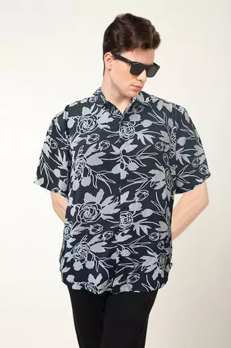 Men's polyester floral printed regular shirt (black)