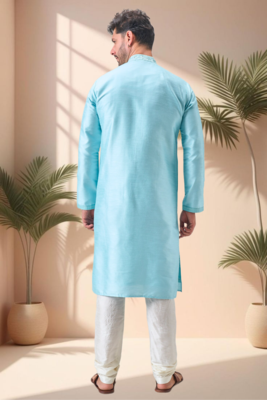 Sky blue art silk embroidery mirror work kurta pajama set 5