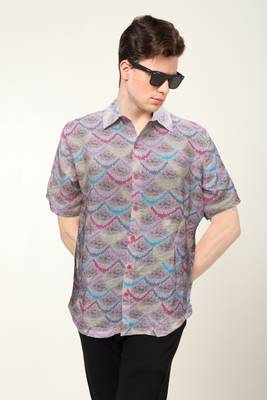 Men's polyester floral printed regular shirt (pink) 4