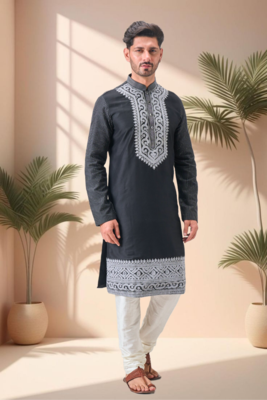Black art silk embroidery dori work kurta pajama set 1