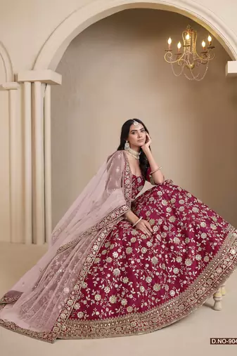 Red Silk Floral Embroidered Lehenga Choli for Wedding