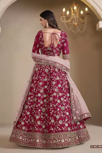 Red Silk Floral Embroidered Lehenga Choli for Wedding