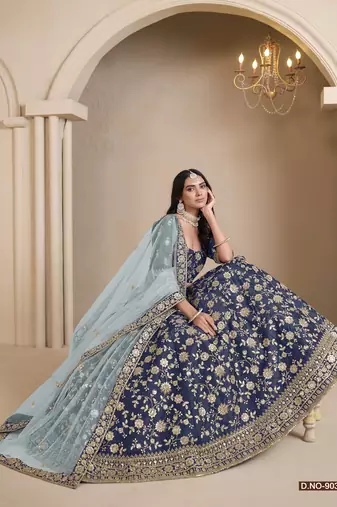 Navy blue art silk designer lehenga with blouse