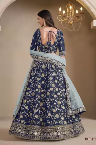 Navy blue art silk designer lehenga with blouse