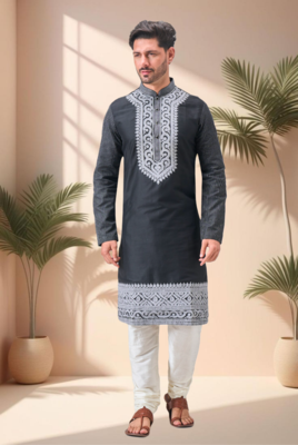 Black art silk embroidery dori work kurta pajama set 2
