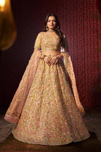 CAPTIVE BEIGE NET THREAD SEQUINS NET EMBROIDERED BRIDAL WEDDING FEESTIVAL SEMI STITCHED LEHENGA CHOLI