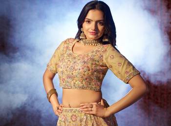 CAPTIVE BEIGE NET THREAD SEQUINS NET EMBROIDERED BRIDAL WEDDING FEESTIVAL SEMI STITCHED LEHENGA CHOLI 3