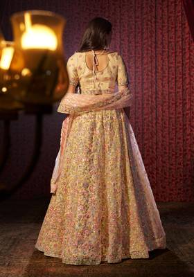 CAPTIVE BEIGE NET THREAD SEQUINS NET EMBROIDERED BRIDAL WEDDING FEESTIVAL SEMI STITCHED LEHENGA CHOLI 4
