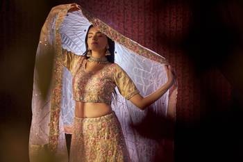 CAPTIVE BEIGE NET THREAD SEQUINS NET EMBROIDERED BRIDAL WEDDING FEESTIVAL SEMI STITCHED LEHENGA CHOLI 5
