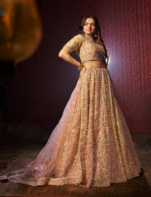 CAPTIVE BEIGE NET THREAD SEQUINS NET EMBROIDERED BRIDAL WEDDING FEESTIVAL SEMI STITCHED LEHENGA CHOLI 6