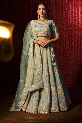 BEWITCHING TURQUOISE DORI THREAD SEQUINS ZARKAN EMBROIDERED BRIDAL WEDDING FEESTIVAL SEMI STITCHED LEHENGA CHOLI