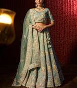 BEWITCHING TURQUOISE DORI THREAD SEQUINS ZARKAN EMBROIDERED BRIDAL WEDDING FEESTIVAL SEMI STITCHED LEHENGA CHOLI