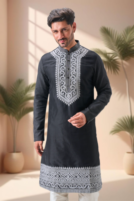 Black art silk embroidery dori work kurta pajama set 3