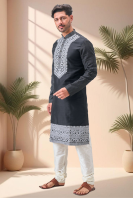 Black art silk embroidery dori work kurta pajama set 5