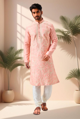 Pink art silk embroidery kurta pajama set 1